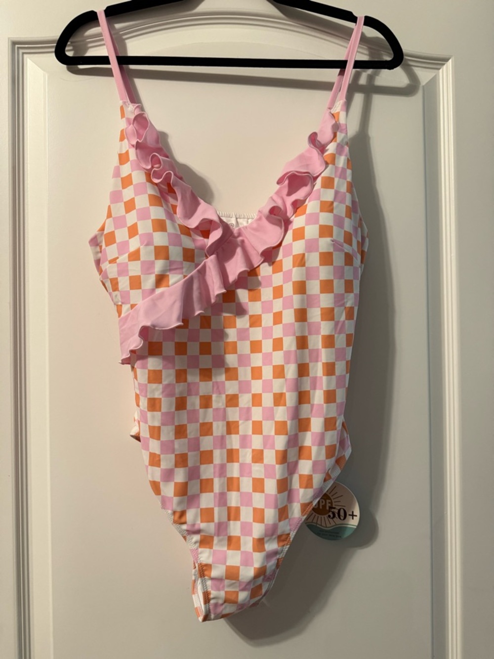 Caden Lane Pink and Orange Checkered Ruffle Swimsuit